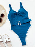 2026 Sexy One Piece Swimsuit Swimwear Women Blue Pleated V-neck Bathing Suit Beachwear Decorative Border Waistband Bikinis Mujer