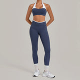 2 Pieces Color-block Yoga Sets Women  Hanging Neck Sports Bra High Waist Pants Built-in Pockets Outdoor Fitness Workout Suit