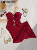 XS - L 6 Colors One Piece Swimsuit Female With Skirt Cut Out Women Swimwear Bandeau Metal Ring Bather Bathing Suit Swim V8108