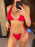 Pearls Halter High Leg Cut Strappy Bikini Women Swimwear Female Swimsuit Two-Pieces Bikini Set Bather Bathing Suit Swim V6290