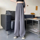 Women High Waist Straight Wide Leg Pants Solid Color Suit Pants Elastic Slant Pockets Loose Office Trousers