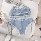 DEKA Women's Bandage Denim Bikini Set Summer New Jeans Shorts Swimwear Bra Beach Play and Bar Nightclub Swimsuit