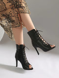 Plus Size Women Peep Toe Cutout Lace Up Ankle Boots with Side Zipper Stiletto High Heels Summer Hollow Out Short Booties