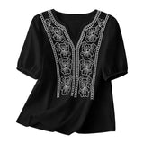 Women Summer Loose Embroidered V Neck Solid Color Short Sleeved Comfortable Button Down Shirt Top женская одежда