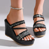 Gold Shiny Sequin Wedges Sandals Women Plus Size 42 Summer Chunky Platform Slippers Woman Crystal High Heel Party Shoes Ladies
