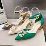 ZOKI Fashion Pearl Buckle Square Heels Pumps Women Pointed Toe Bling Crystal Party Shoes Woman Elegant Med Heels Bride Shoes