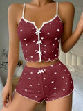 1 Set Women Sexy Pajama Set, Love Heart Print Spaghetti Strap Tops and Shorts, Knit Fabric Sleepwear for All Seasons, Loungewear