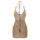 Women Backless Halter Mini Dress Casual Summer Knit Crochet Cutout Bodycon Party Dress for Beach Club Streetwear