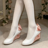 New High Heel Lolita Wedge Pumps Daily Floral Polka Dot Print Sweet Vintage Dress Heels Bow Tie Tea Party Cosplay Wedding Shoes