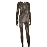 FDYOUI Sexy See-through Bodysuit Women's Long Sleeve Night Club Overalls Black Streetwear Lady Chic One Piece Party Jumpsuits