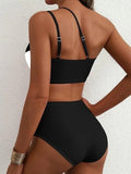 Sexy One Shoulder Swimwear Women 2026 Black White Patchwork Push Up Bra High Waist Swimsuit Beach Bathing Suit Holiday Bikini