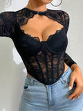 Solid Color Slim Low-Cut Tube Top Lace Mesh Patchwork Lace Sexy Hollow Out Fishbone Top Long Sleeve Vest Transparent Charm NJWG