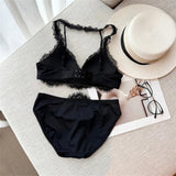 Deep V Halter Neck Bra Set French Style, Lace Push Up Bralette for Small Chest, Sexy Wireless Triangle Bra Set MOYISU Sexy Tushy