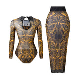 S - XXL Printed Long Sleeve With Sarong One Piece Swimsuit Women Swimwear Female Flowers Padded Bather Bathing Suit Swim K7181