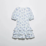 Foridol Blue Flower Print Women Tiered Mini Aummer Autumn Beach Dress Puff Sleeve Vintage Party Cotton Short Boho Lace Dress