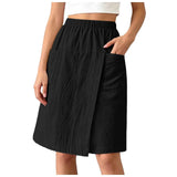 Women's Textured Wrap Skirt Shorts Solid Color Elastic Waist Midi Skort With Pocket Casual Loose Fit Layered A Line Summer Short