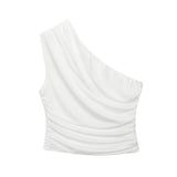 Women's One Shoulder Top Long Pants Set White Strapless Ruched Crop Top And Mesh Flare Pants Two Piece Set Out Party Outfit LNBK