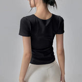 Big round Neck Yoga T-Shirt Short-Sleeved Slimming Sports Top with Fixed Chest Cushion for Running Pilates Summer Stretch