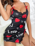 New Sexy Black Nightgown for Women Red Heart  Love Print Satin Lace Trim Mini Chemise Adjustable Spaghetti Strap Lingerie