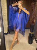 Sexy Fringe Tassel Mesh Sheer Shiny Knitted Tunic Beach Cover Up Cover-ups Beach Dress Beach Wear Beachwear Female Women V3321