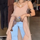 Summer Women Irregular Long Camisole Top Casual Ruffles Split V-Neck Spaghetti Straps Tank Tops Sleeveless Shirts