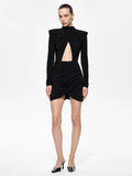 Ahagaga Eelgant Fashion Dresses For Women Solid Zipper Sheath Pleated Hollow Out Regular Long Sleeves Turtleneck Shoulder Pad