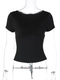 FDYOUI Fashion Casual Backless Lace-up T-shirts Women's Summer O-neck Short Sleeve Cropped Tops Streetwear Y2K Solid Tee Shirt