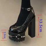 Punk Style Black Rivet Buckle High Heels Women's Trendy Gothic Sizes 36-43 Waterproof Platform Belt Buckle Thick Heel Nude Shoes