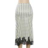 FDYOUI Elegant Polka Dot White Skirts for Women Chic Low Waist Lace Patchwork Mid-calf Skirt Office Lady Slim Dress Streetwear