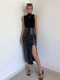 WOMENGAGA High Waist Slim Side Split PU Leather Skirt For Women Spring/Summer Irregular Split One Step Skirt Mid Length 761R