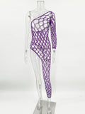 Toucheart Sexy Lingerie Women's Jumpsuit Shiny Diamond Fishing Net One-sleeved Leg Jumpsuit Sexy Hollow Out See-through Jumpsuit