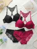 Women's Front Buckle Design Underwear Set Sexy Lace Rear Underwear Pulling Up Bra Black+Wine Red 2-piece Set A2130