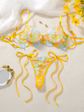 Women Yellow Floral Embroidery Lingerie Set Bow Tie Side Sheer Mesh Bra And Thong 2‑Pieces Intimate Underwear ZA825291