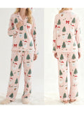 Women's 2025 Christmas Pajama Set Long Sleeve Lapel Santa Claus Christmas Tree Print Shirt Pants Two Pieces Sleepwear