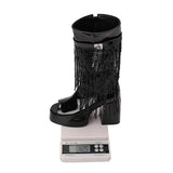 Plus Size Women White Patent Leather Fringe Tassel Mid Calf Boots Peep Toe Platform Block Heel Open Toe Party Club Heels
