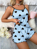 Women Heart Print Pajama Set Spaghetti Strap Cami Top and Shorts Soft Breathable Summer Sleepwear Casual Loungewear Set