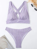 Wrinkled Crinkled Cross Back Bikini Women Swimwear Female Swimsuit Two-pieces Bikini Set High Cut Bathing Suit Swim Beach Wear