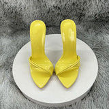 Women's Yellow Patent Leather Pointed Toe Stiletto Mules - Twisted Strap High Heel Sandals for Party, Summer & Evening