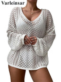 S - XL New V Neck Long Sleeve Crochet Knitted Tunic Beach Cover Up Cover-ups Beach Dress Beach Wear Beachwear Female Women V8284