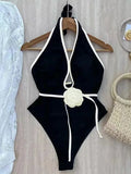 3D Flower Belt V Neck Splicing Halter Slim Women Swimwear One Piece Swimsuit Female Backless Monokini Bather Bathing Suit Swim