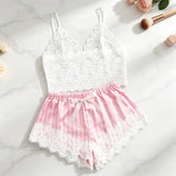 Two Piece Women's V-Neck Sexy Lace Suspender Pajama Satin Silk Intimate Lingerie Pink Stripe Sleewpear Pijamas Suit Summer New