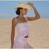 Women Pant Set Sheer Layers Spaghetti Strap Backless Lace Top Straps Solid Loose Straight Elastic Hem Fashion Beach Chic Suits