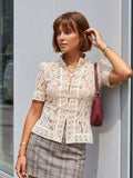 Summer Women's Retro Shirts Sheer Lace Blouse Elegant Stylish Button Down Short Sleeve Tops Casual Sexy