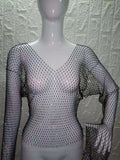 Women Rhinestone Fishnet T-shirt Solid Color Long Sleeve Crop Tops See Through Hollow Out Sexy Shirts Female Smock Tops