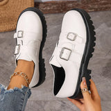 Fashion Double Buckle Platform Loafers Women British Style Thick Bottom Pu Leather Shoes Woman Comfort Round Toe Student Shoes