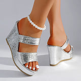 Chunky Wedges Gold Sandals Women Plus Size 42 High Heel Platform Slippers Woman Snake Pattern Pu Leather Summer Sandles Female