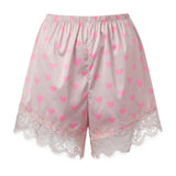 Summer Women’s Satin Lace Hem Shorts Elastic Waist Loose Fit Wide Leg Short Pants Casual Lounge Bottoms Solid Color