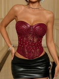 Sexy Black Lace Mesh Sheer Corset Top Spicy Girls Bandeau PU Leather Patchwork Fishbone Bustier See Through Rivet Club Camisole