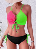 2026 Drawstring Triangle Bikini Women Sexy Color Block Swimwear Female Strappy Swimsuit Bathers Bathing Swimming Swim Suit