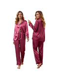 Women's Satin Two Pieces Pajama Sets Fashionable Contrast Color Trim Long Sleeve Button Down Tops with Pants Soft Sleepwear